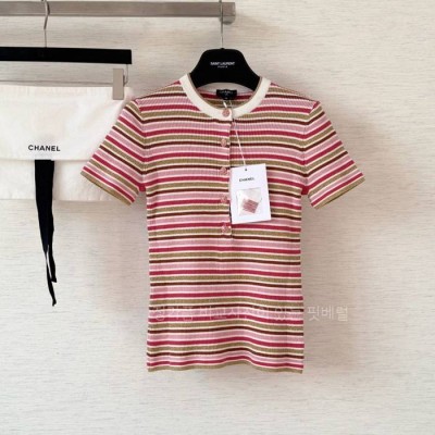 샤* 스트라이프드 폴로 라운드 니트 반팔