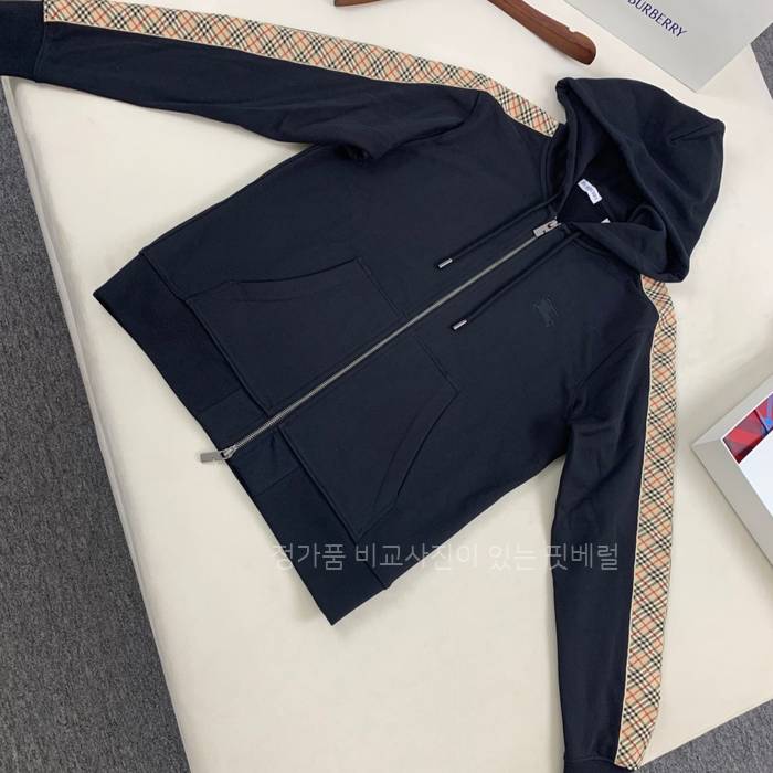 버*리 체크 트리밍 후드집업 자켓
